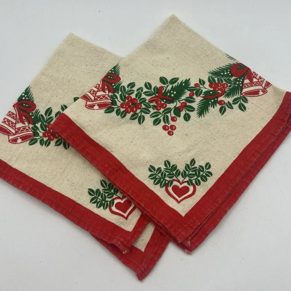 2 Vintage Cotton Muslin Christmas Napkins Red Green Bells Hearts Holly 13